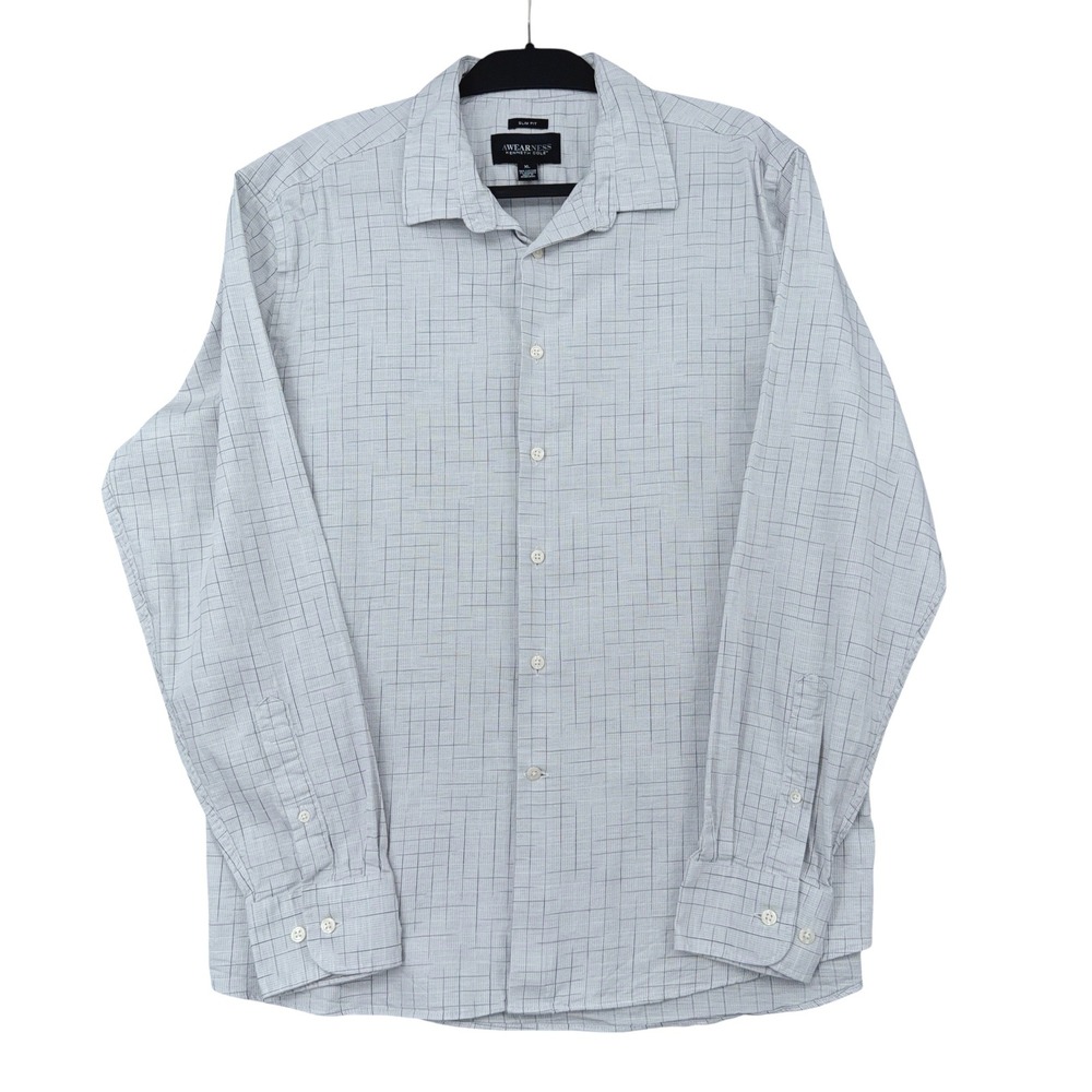 Awearness Kenneth Cole Mens XL Slim Fit Grey Grid Long Sleeve Button Down‎ Shirt